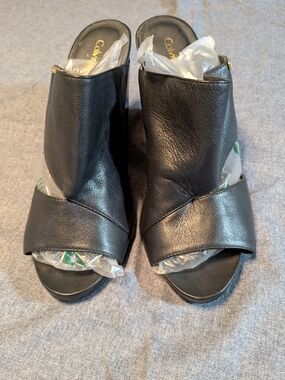 Calvin Klein Black Leather Open-Toe Mule Heels 9.5 (Fit Like 8.5)